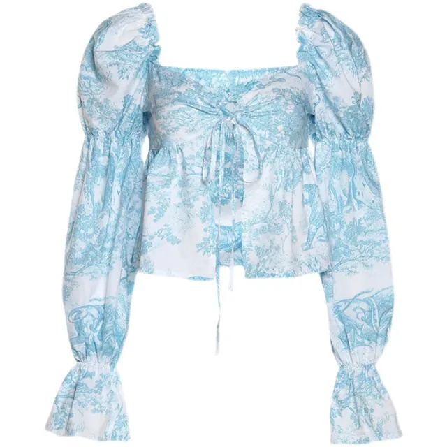 Printed Flared Sleeve Cropped Long Sleeve Top Blue - Shop at LoveMi