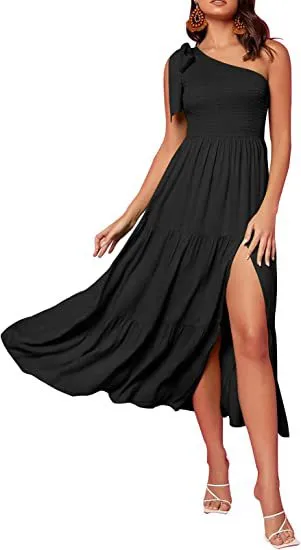 New Summer Fashion Women's One shoulder Pleated Layered Hem Split Dress Black - Shop at LoveMi