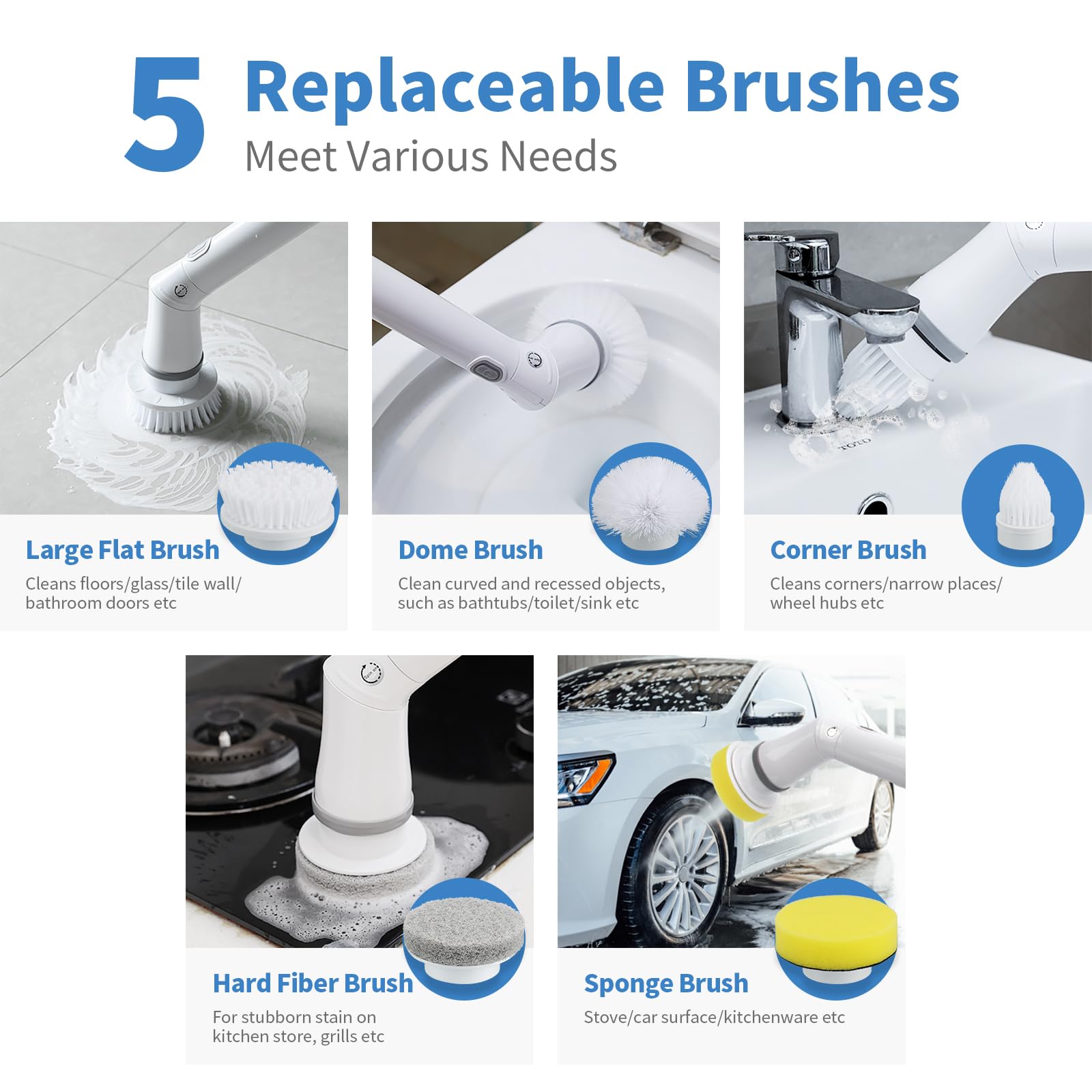 Electric Spin Scrubber with 5 Replacement Heads. BUQ spin scrubber provides 350r/min(daily cleaning) and 400r/min(deep cleaning); easy speed adjustment with a single button press. IPX6 waterproof rating ensures the electric cleaning brush can be rinsed di