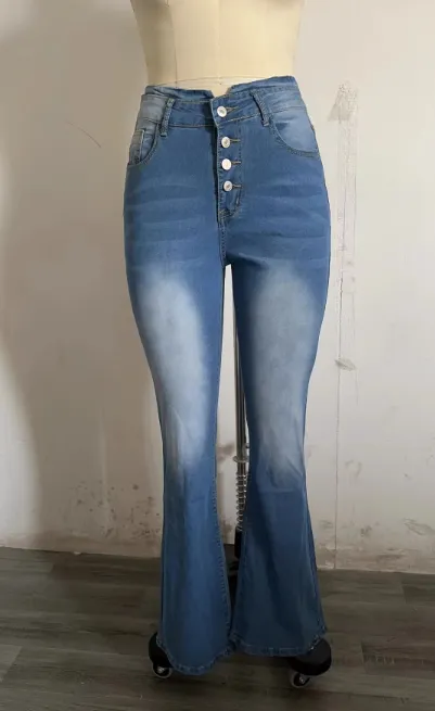 High Waist Bell Bottom Jeans Trendy Wear Washed Out Street Style Women's Denim Pants Blue - Shop at LoveMi