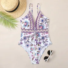 Deep V Tie One Piece Swimsuit Cashew Flower Print Triangle - Purple - View 1