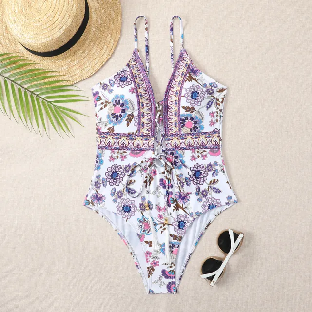 Deep V Tie One Piece Swimsuit Cashew Flower Print Triangle Purple - Shop at LoveMi