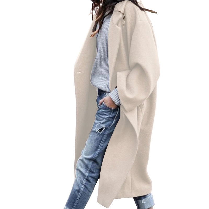 Women's Casual Long Woolen Coat Single Breasted Lapel Jacket with Pockets - Picture 8 of 10