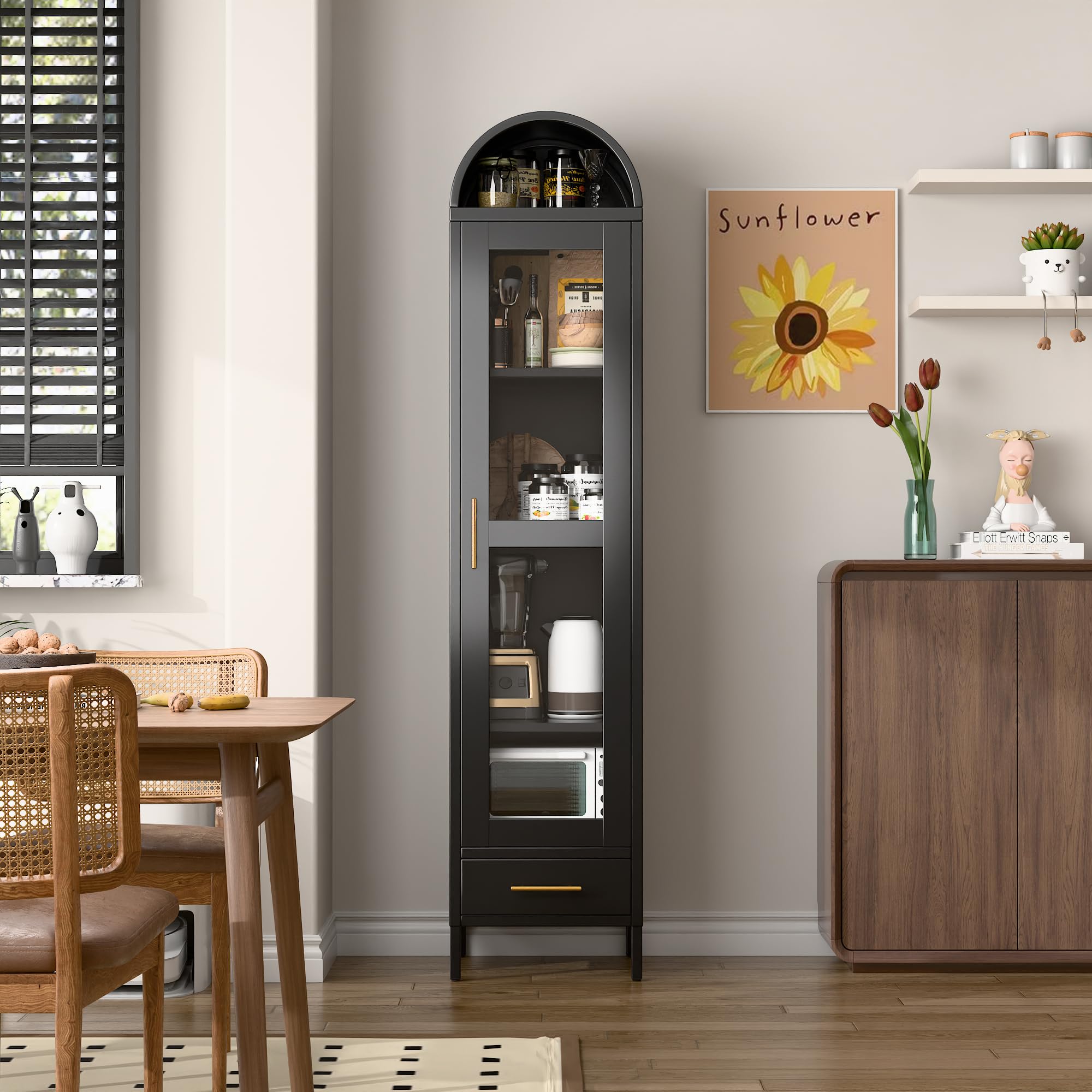 73''H Metal Arched Bookcase Cabinet, Arch Display Storage Cabinet With Glass Doors & Shelves And 1Drawer For Living Room, Kitchens,Office, Black, Assembly Required