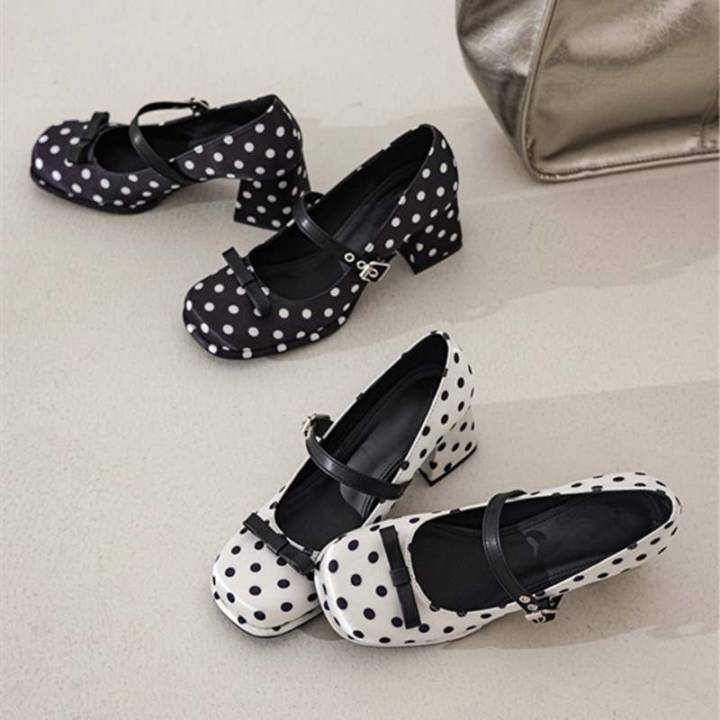 Fashionable Polka Dot Bow Mary Jane Shoes For Women In Spring, Sweet And Stylish, Thick Soled, Thick Heel, Single Button Small Fragrant High Heels