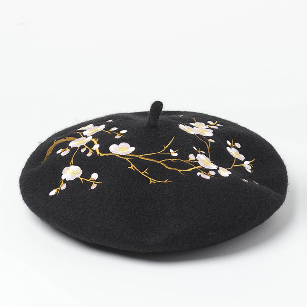 Plum Embroidery Wool Beret Painter