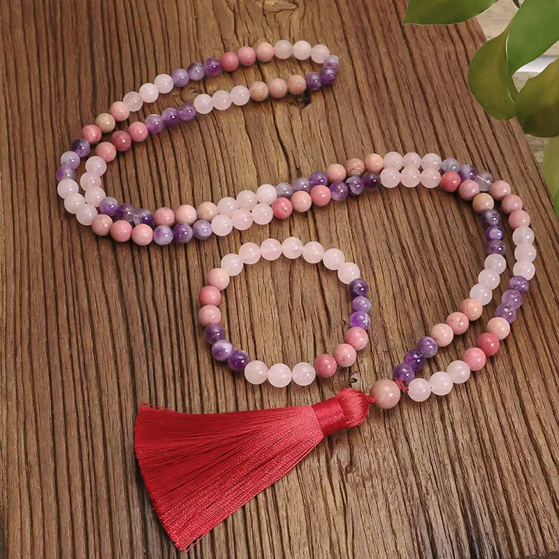 Crystal Amethyst Long Tassel Necklace Bracelet Set