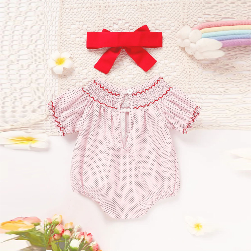 Baby Girl's Short Sleeve Pink Romper, Polka Dot Pattern With Heart Embroidery And Ruffle Detail