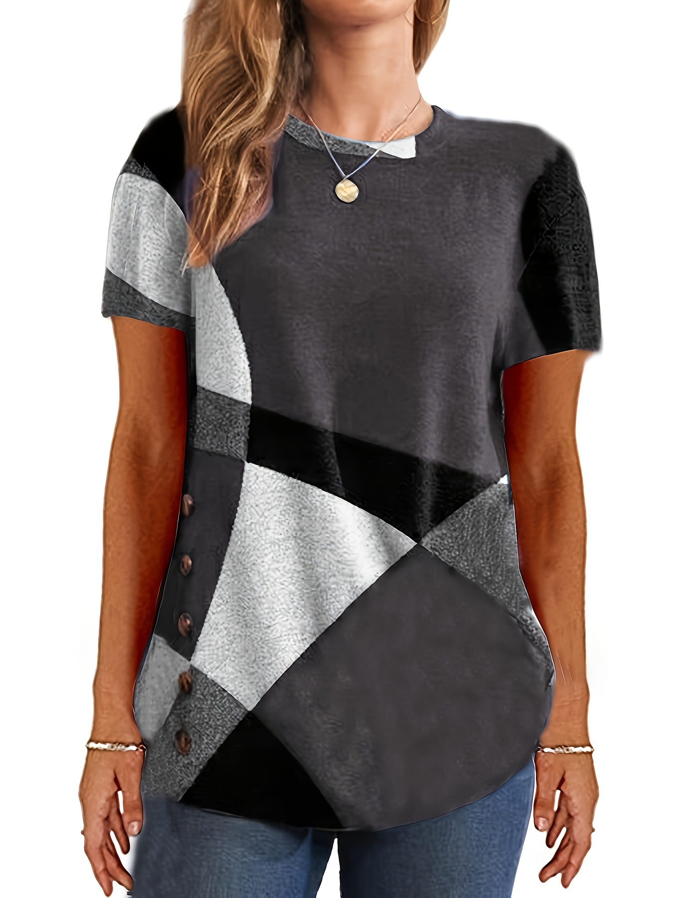 Only Self-pickup Is Supported Self-pick-up Plus Size Women’s Casual T-shirts Color Block Short Sleeve Round Neck Slightly Elastic T-shirt