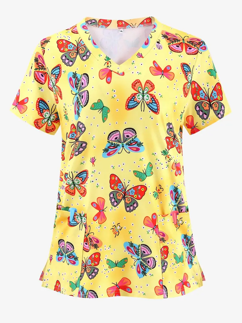 Plus Size Women's Vibrant Print Scrub Top Casual V-Neck Short Sleeve