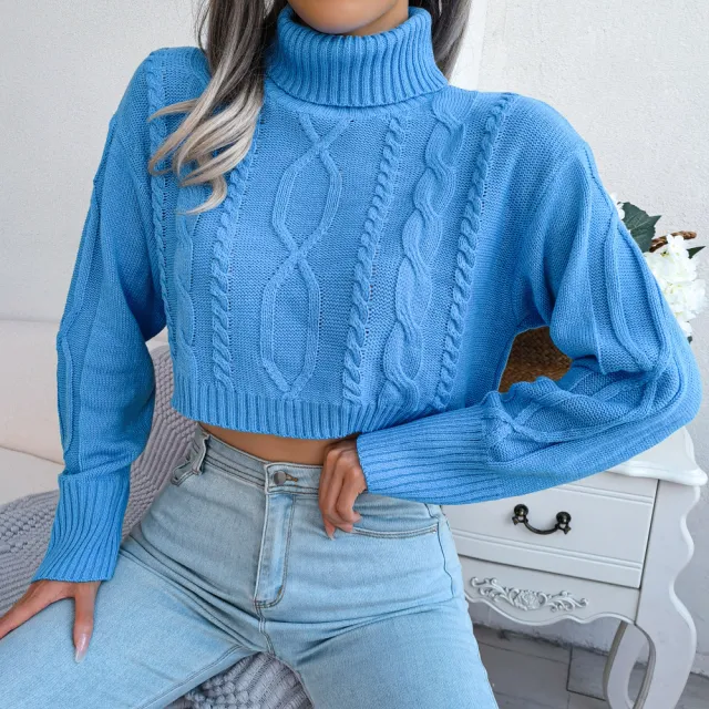 Fashion Fried Dough Twist Long Sleeve High Neck Short Pullover Blue - Shop at LoveMi