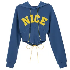 Fashion Letter Embroidered Long Sleeve Hoodie - Navy Blue - View 1