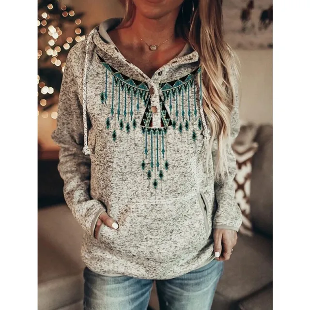 Grey Printed Long Sleeve Pullover Hooded Ladies Sweatshirt 11Style - Shop at LoveMi