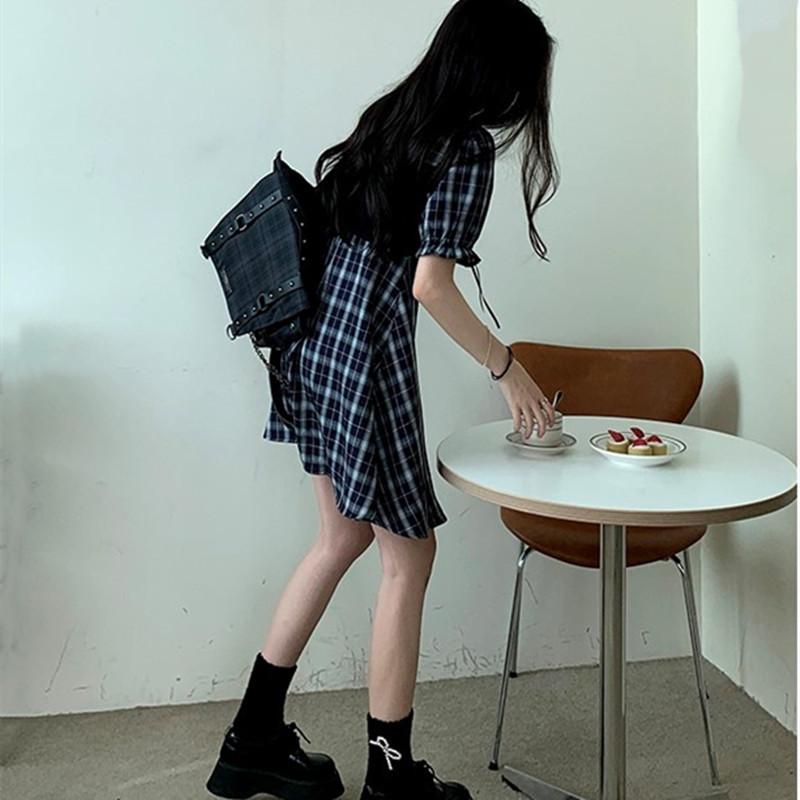 Puff Sleeve Vest Fake Two-piece Plaid Dress