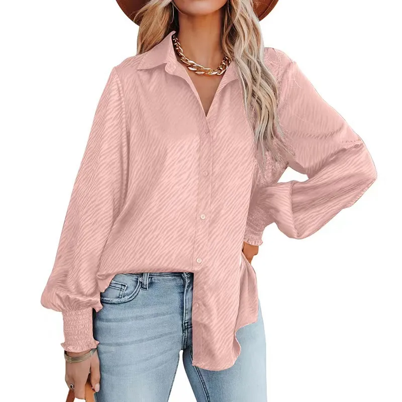 Zebra Print Lapel Buttoned Top Women's Lantern Long Sleeve Shirt - Pink