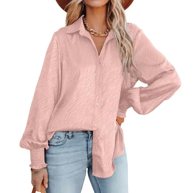 Zebra Print Lapel Buttoned Top Women's Lantern Long Sleeve Shirt Pink - Shop at LoveMi