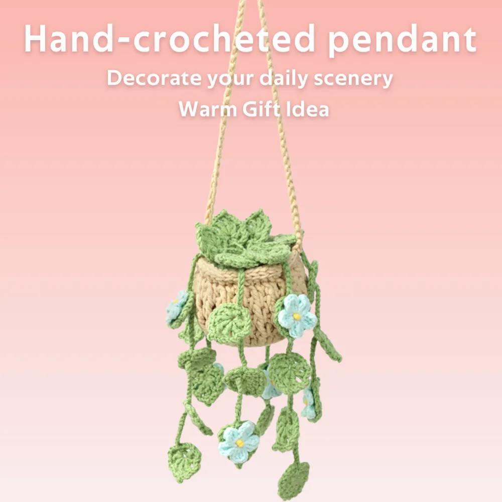 Handmade Crochet Hanging Potted Ornament With Trailing Green Leaves And Pale Blue Blossoms Everlasting Soft Yarn Crochet Flower Indoor Home Hanging Decor