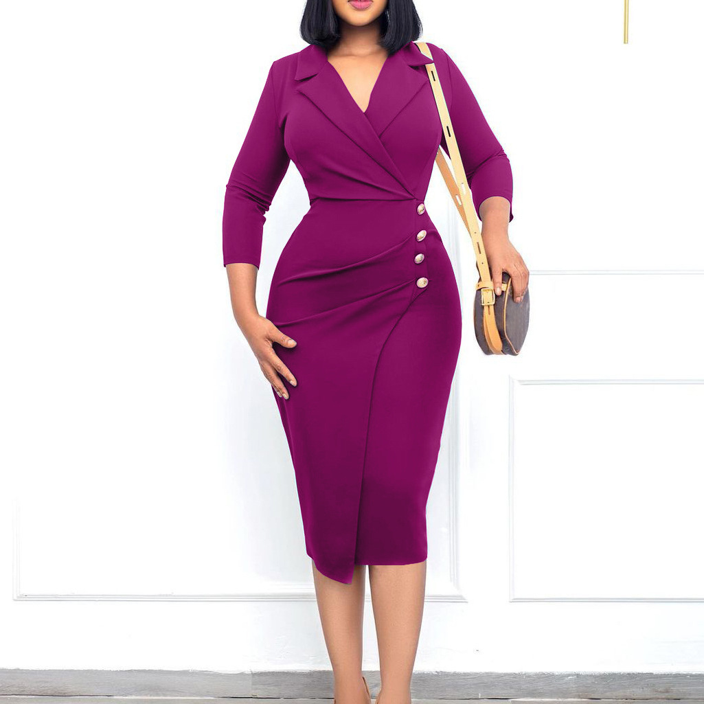 Women's Temperament Fashion Suit Collar Button Dress Purple - Shop at LoveMi