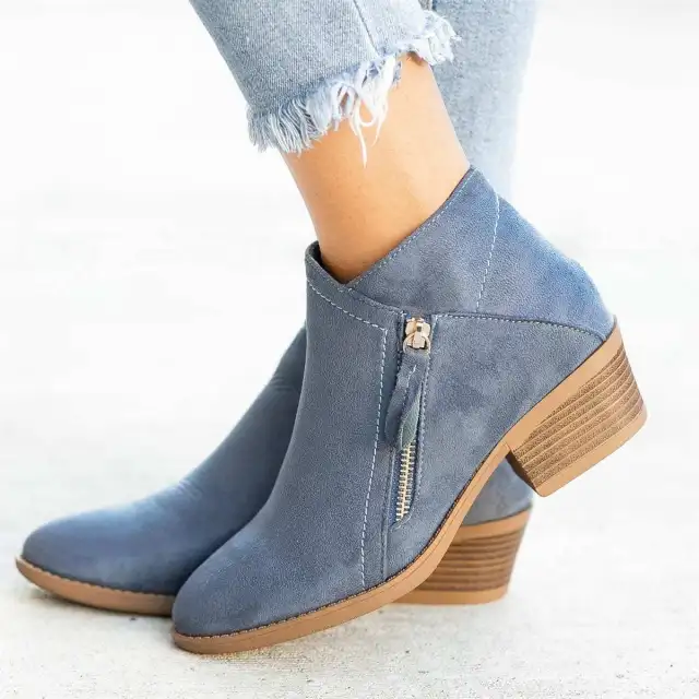 Ankle Boots For Women Low Heels Side Zipper Shoes Blue - Shop at LoveMi