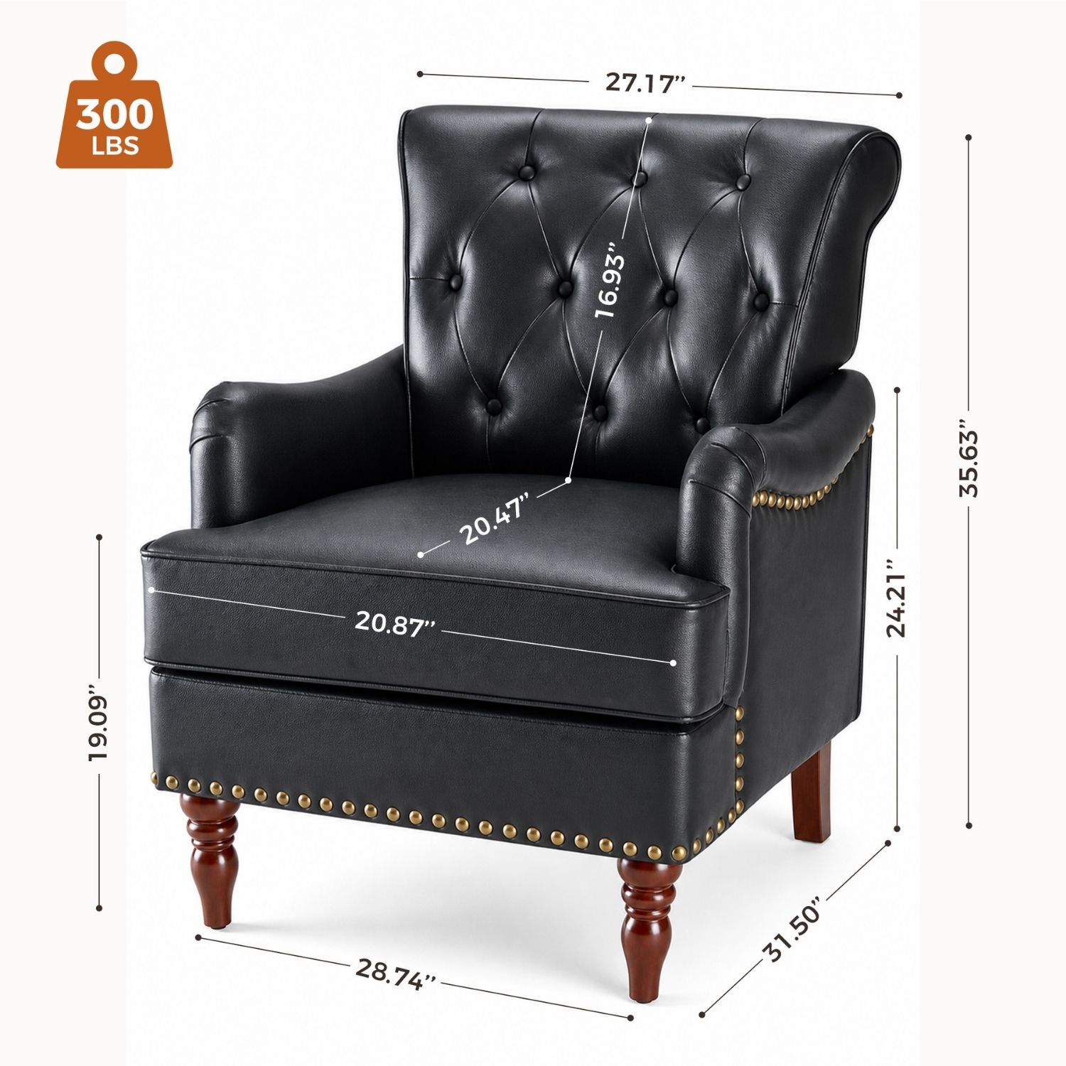 Nailhead Trim Faux Leather Accent Chair, Tufted Armchair For Bedroom And Study — foto 5