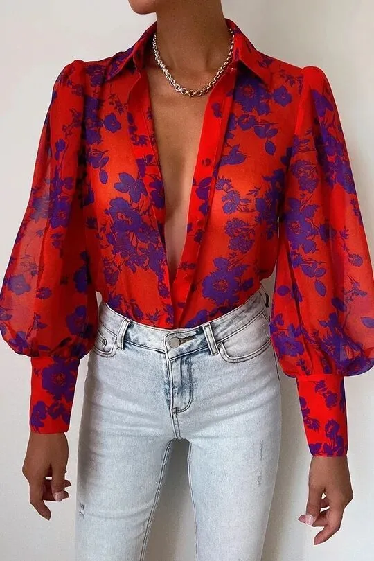 Long Sleeve Printed Shirt Women's Spring Single breasted Cardigan Wine - Shop at LoveMi