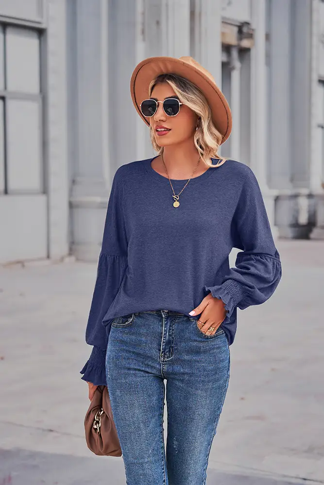 Autumn And Winter New Round Neck Pleated Lantern Sleeve Women's Long European And American T-shirt