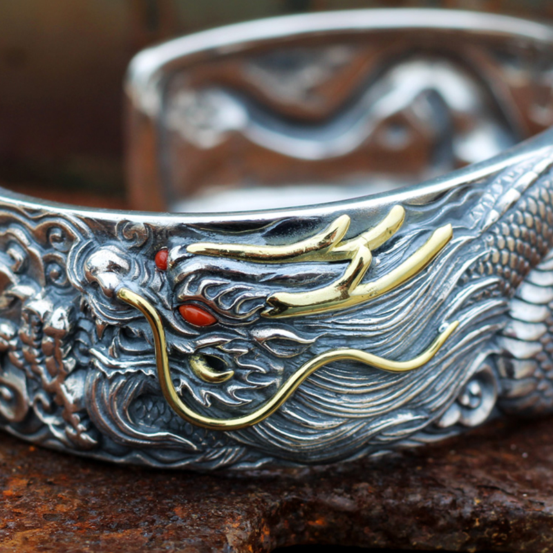 Handmade Dragon Bracelet Shenlong Guardian Lucky Silver Retro Personality Domineering Opening