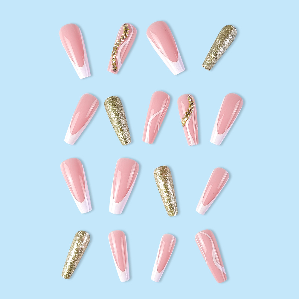 24 Pieces Of Long-style Coffin-shaped White-edged French Pressing-style Nail Geometric Line Wearables With 3D Embedded Crystal Nail Stickers, Including 1 Piece Of Jelly Glue And 1 Nail File. — foto 2
