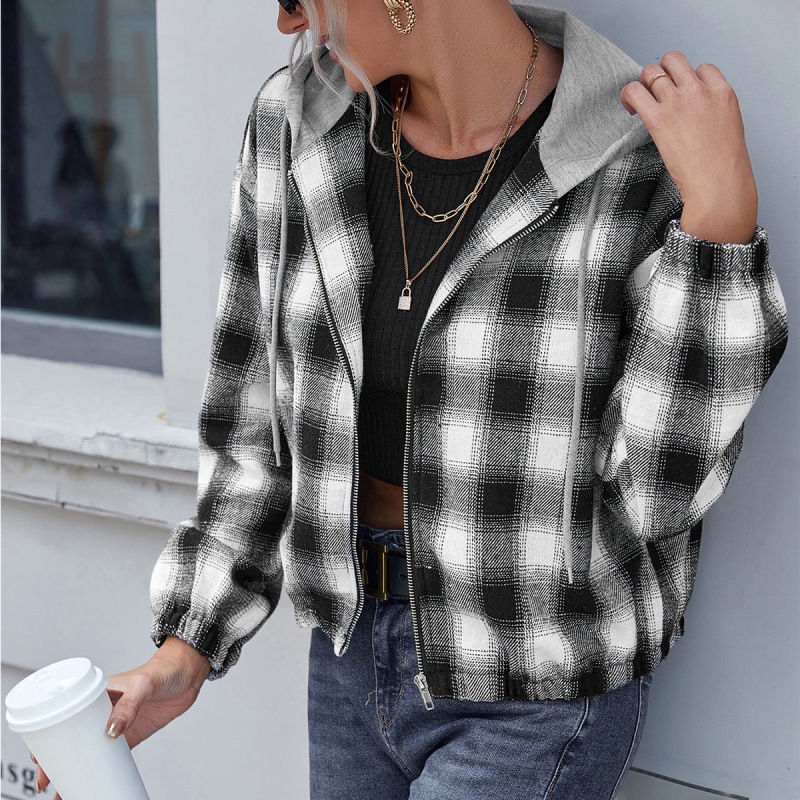 Plaid Shirt Loose Long Sleeve Casual Zip Hooded Jacket