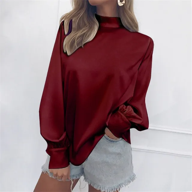 High Neck Lantern Sleeve Shirt Wine Red - Shop at LoveMi