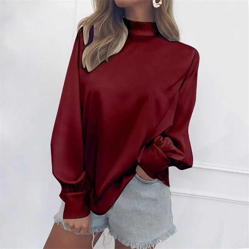 High Neck Lantern Sleeve Shirt - Wine Red