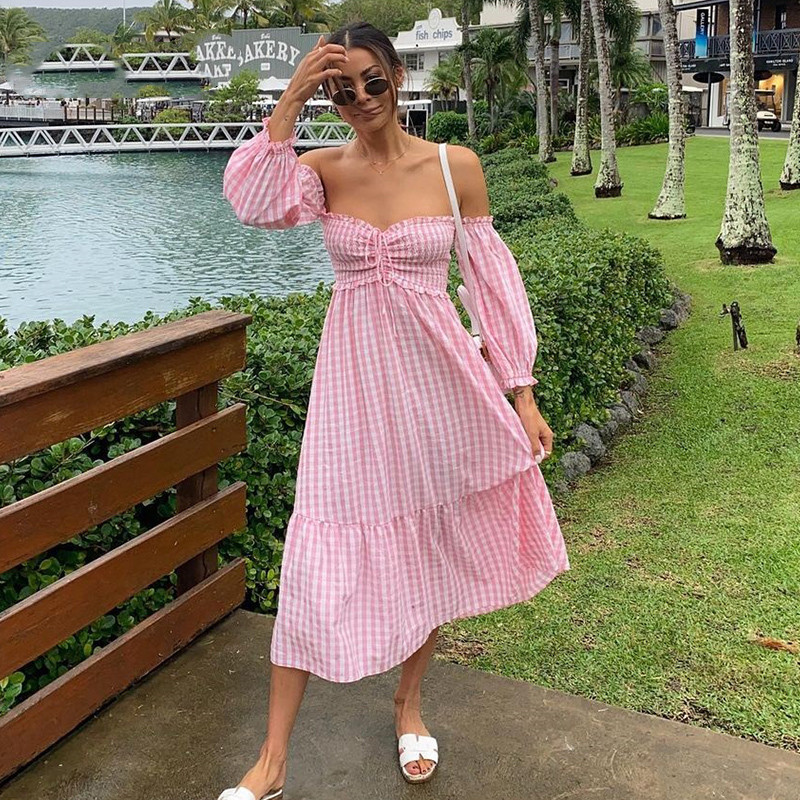 Slim Fit Check One-Shoulder Off-Back Dress