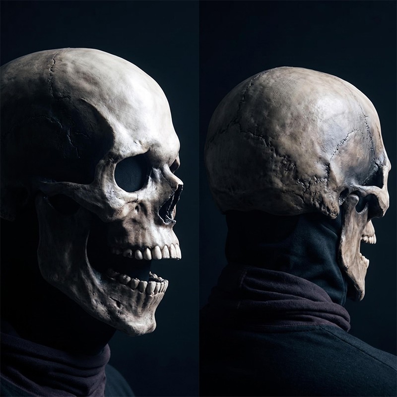 Full Head Skull Mask Helmet W& Movable Jaw Halloween Party Prop Latex Headgear