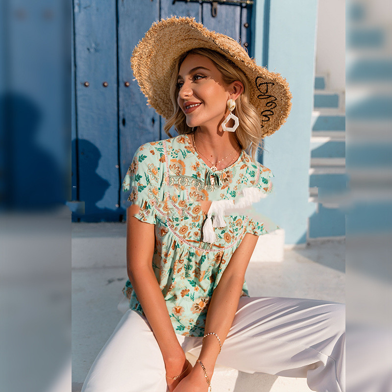 Ladies Tassel Lace Printed Short Sleeve Casual Top New Holiday Women's T-Shirt