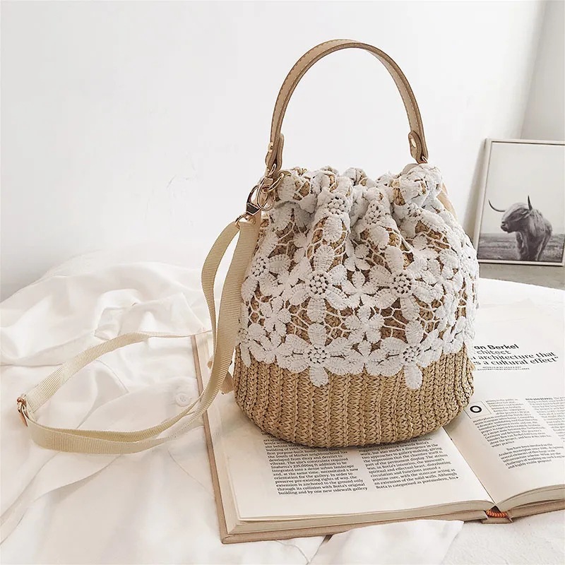 Straw bag women's bag new sweet woven bucket handbag