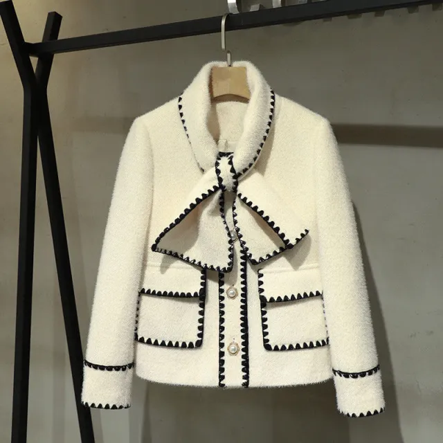 Women's New Western Style Lapel Bow Short Slim Mink Velvet Jacket Beige - Shop at LoveMi