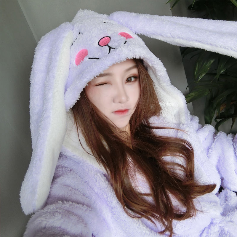 Cute Oversized Hat Coral Fleece Bathrobe Loose Plush Fleece Night Gown With Hood