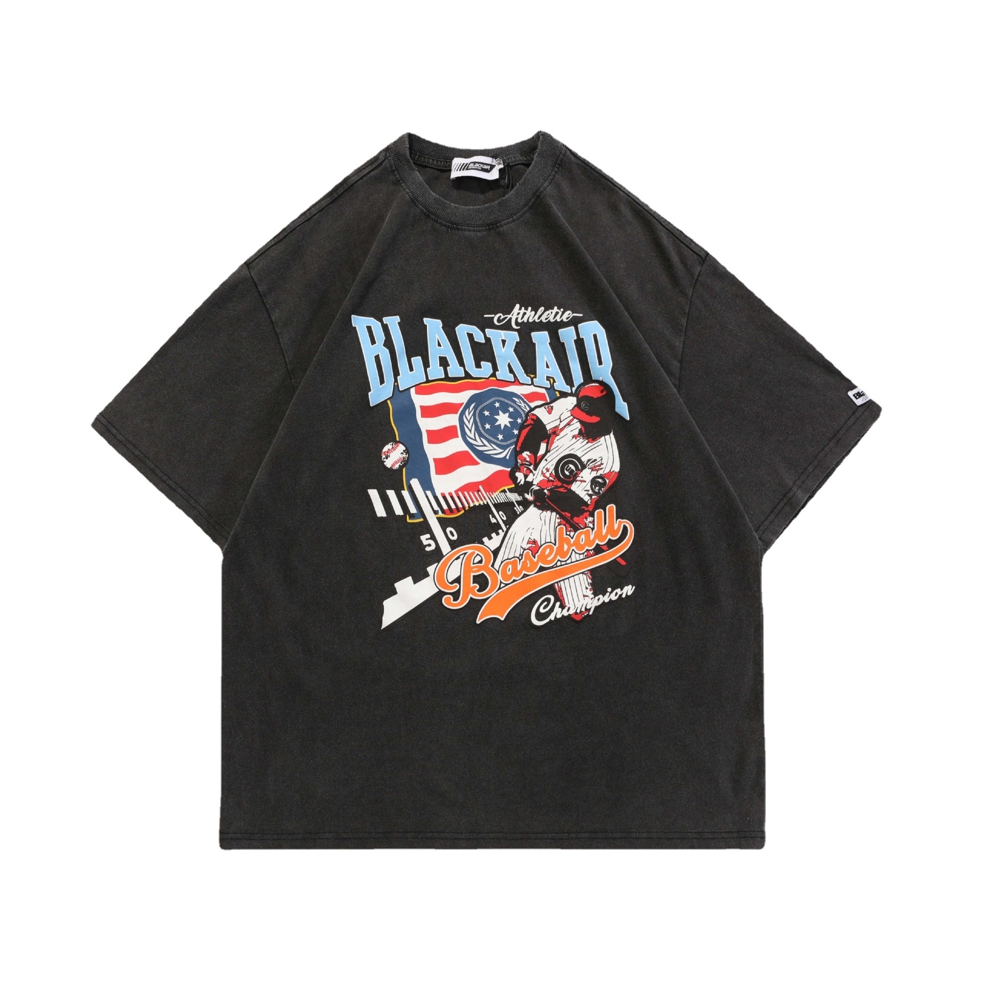 Washed Distressed Short Sleeve Baseball Vintage Print Loose T Shirt Black - Shop at LoveMi