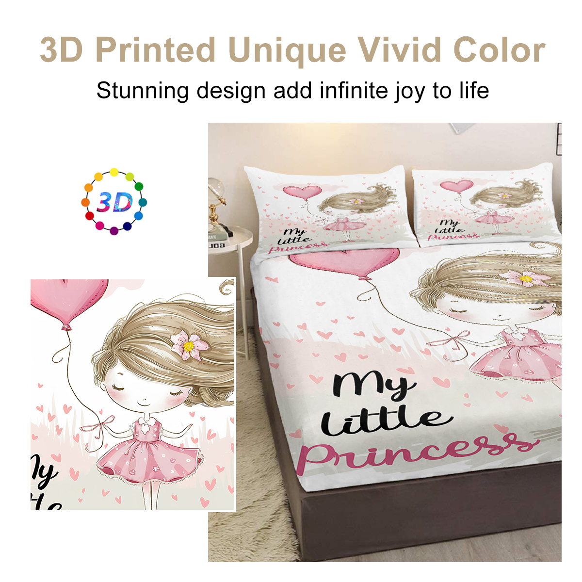 3PCS Girly Bed Fitted Sheet Set, My Little Princess, 1 Fitted Sheet, 2 Pillow Cases