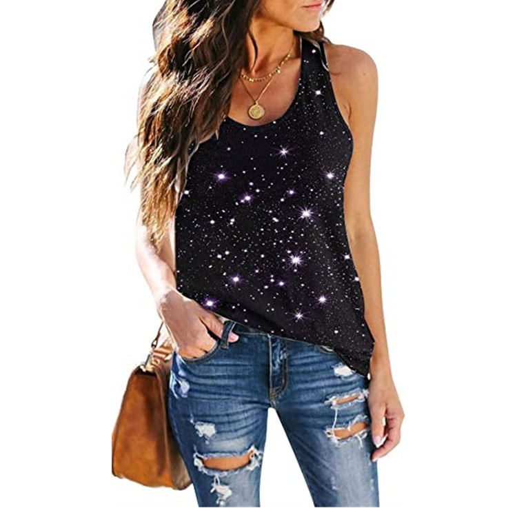 Fashion Women's Sleeveless Yoga Workout Vest Printed Loose Running Casual T-Shirt