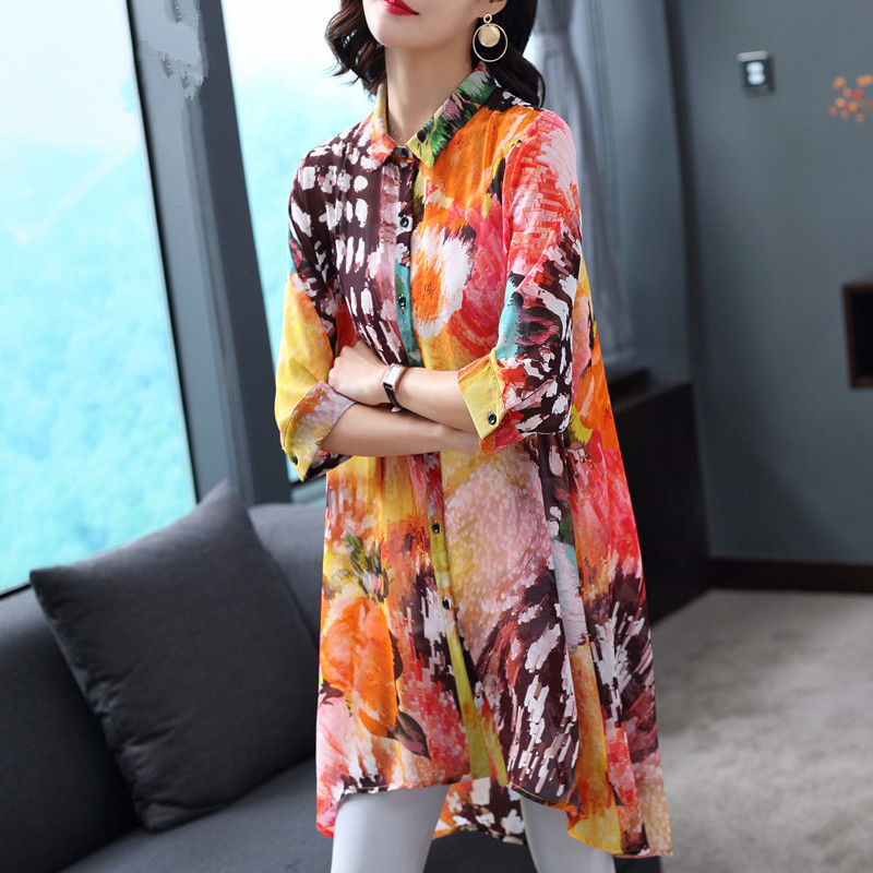 Vintage Colorful Printed Lapel High Low Chiffon Shirt Caiyun Orange - Shop at LoveMi