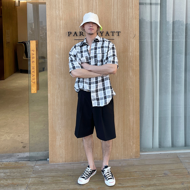 Little Wolf Dog Upper Body Super Good-looking Stitching Retro Fashionable Loose Summer Casual Plaid POLO Shirt