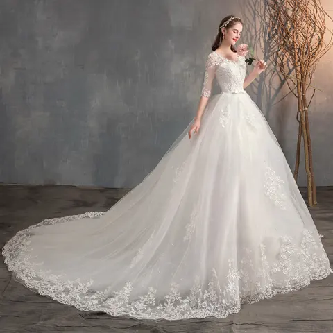 Wedding Dress Trailing Deep V Neck Lace High Waist