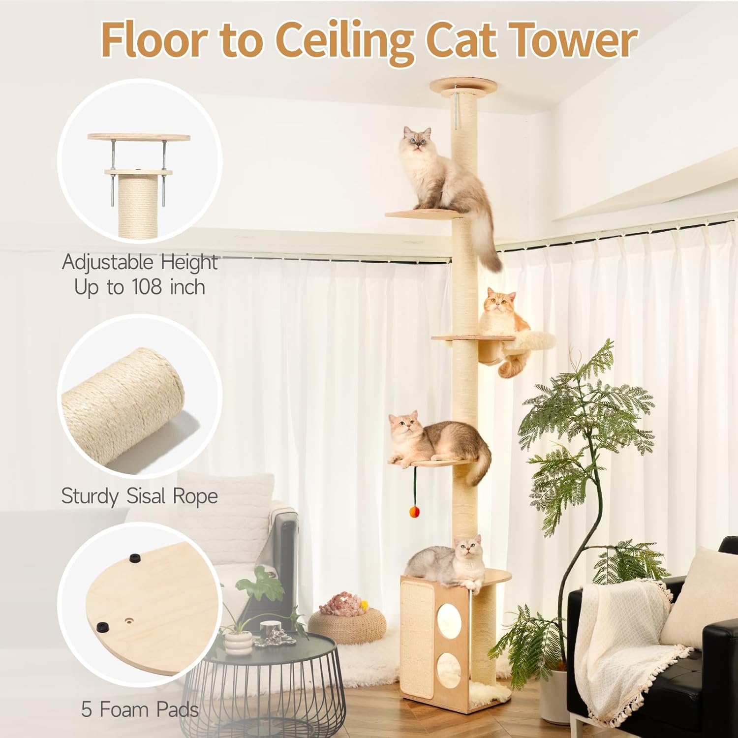 MEWOOFUN Floor-to-Ceiling Cat Tree - 108 Inch Tall Wooden Tower For Large Cats, Multi-Level Climbing & Scratching Post With Perches