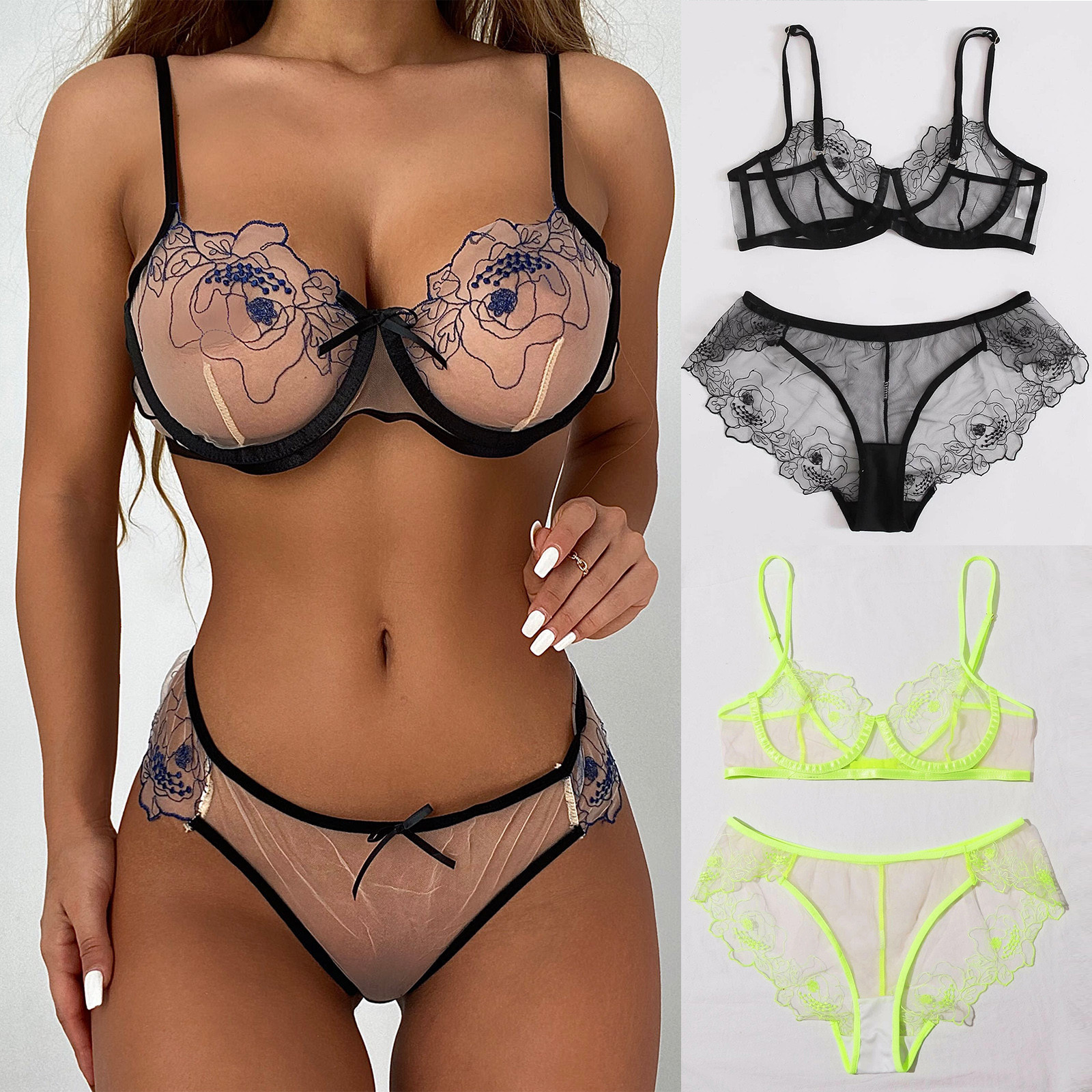 Women's Mesh Embroidered Sheer Lingerie Set — image 1