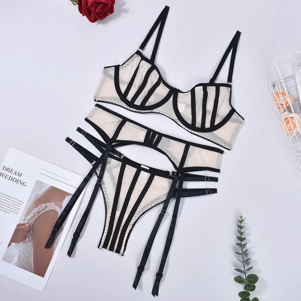 The New European And American Erotic Lingerie Mesh See-through Splicing Sexy Uniform Three Sets - Black