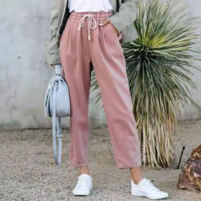 Pure Color Casual Elasticated High waist Straight leg Trousers Pink - Shop at LoveMi