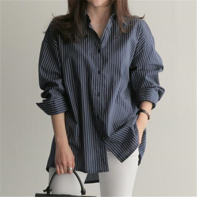 Blue Vertical Stripes BF Large Size Long-sleeved Shirt College Style Loose And Versatile