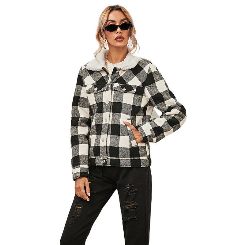 Women's Plaid Fur Collar Plus Velvet Padded Coat White - Shop at LoveMi