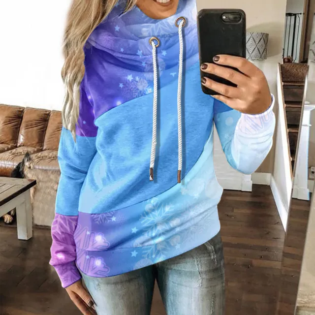 Autumn And Winter Casual Fashion Christmas Print Long sleeved Hooded Sweater Gradient Blue - Shop at LoveMi